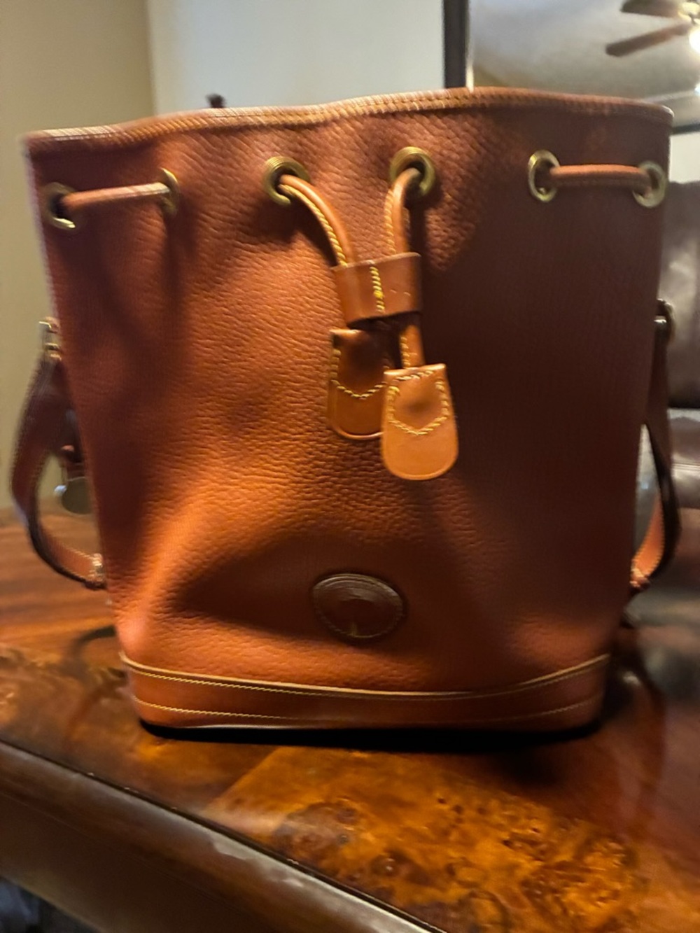 Dooney & Bourke Brown Leather Drawstring Bucket Shoulder Bag